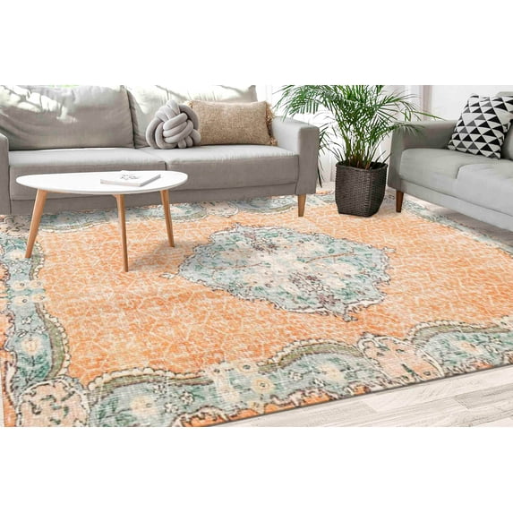 Orange Rug, Floral Pattern Rug, Medallion Rug, Antique Style Rug, Turkish Rug, Runner Rug, Stair Rug, Machine Washable Rug, Home Decor, 3.3'x6.5' - 100x200 cm
