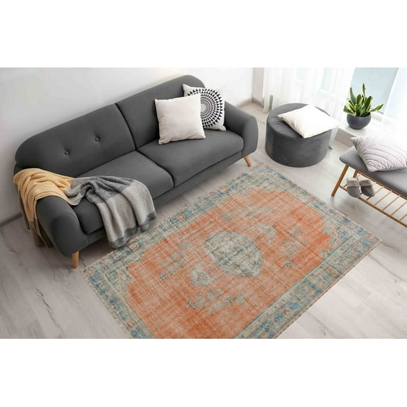 Orange Rug, Floral Rug, Medallion Rugs, Vintage Style Rug, Turkish Rug, Office Rug, Thick Rug, Easy To Clean Rug, Printed Rug, Faded Rug, 3.3'x9.2' - 100x280 cm