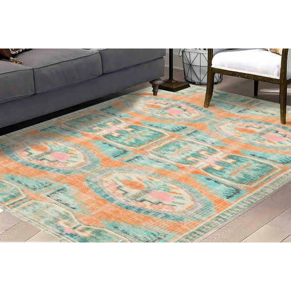 Orange Rugs, Colorful Rugs, Turquoise Rug, Vintage Style Rug, Turkish Rug, 3D Printeds Rug, Decorative Rug, Large Rug, Colorful Rug, 2.3'x3.3' - 70x110 cm