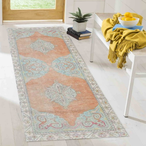 Orange Rugs, Medallion Rugs, Ethnic Pattern Rug, Chenille Printed Design Rugs, Turkish Rug, Car Mat, Machine Washable Rug, Luxury Rug, Runner Rug, 3.9'x5.9' - 120x180 cm