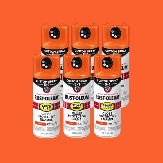 6 Pack, Orange, Rust-Oleum Stops Rust Custom Spray 5 in 1 Gloss Spray Paint-376894, 12 oz