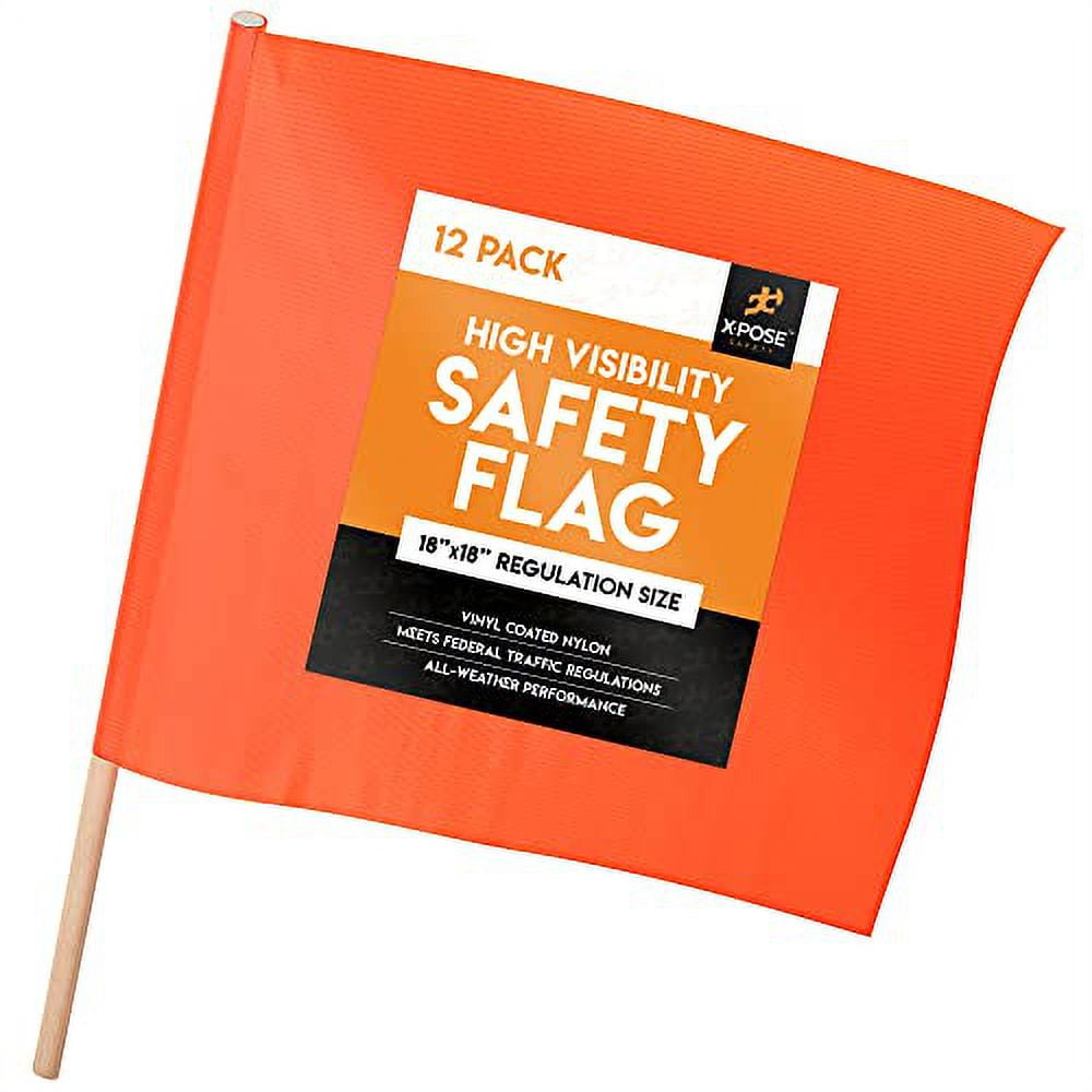 Orange Safety Flags - 18" x 18" Orange Warning Flag with 24" Wood Staff - Pack of 12 - Square Safety Flag - Oversize Signs and Flags - Wide Load Flags - Caution Flags for Roof - Oversized Load Flag -