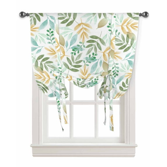 Orange Sage Green Botanical Tie Up Curtains for Kitchen Bathroom Bedroom Windows 63 Inch Length, Pastoral Leaf Watercolor Balloon Drape Curtains Shade Rod Pocket Drapery Curtain Panel, 52"x63"