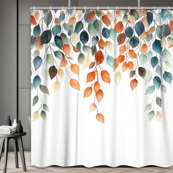 Orange Sage Green Eucalyptus Leaves Shower Curtain, Watercolor Floral Rustic Nature Bath Curtain, Farmhouse Plants Bathroom Accessories Botanical for Bathroom Curtain Set with Hooks, 72x72in