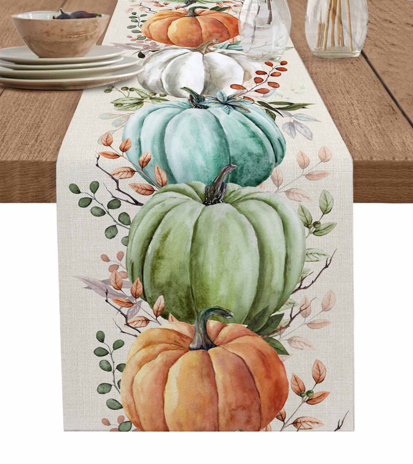 Orange Sage Green Pumpkins Burlap-Cotton Table Runner 48 Inches Long ...
