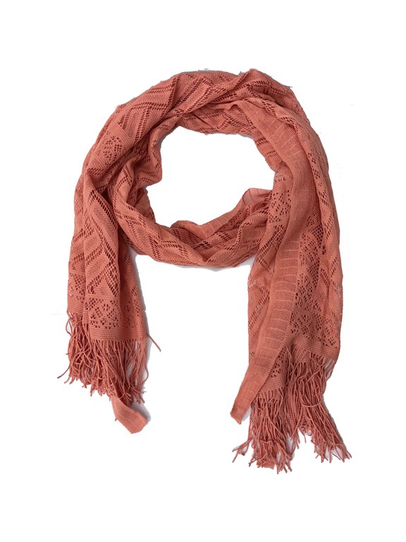 Orange Salmon Blocks Open-Weave Crochet Lace Fringe Scarf - Lightweight Oblong Wrap for Women