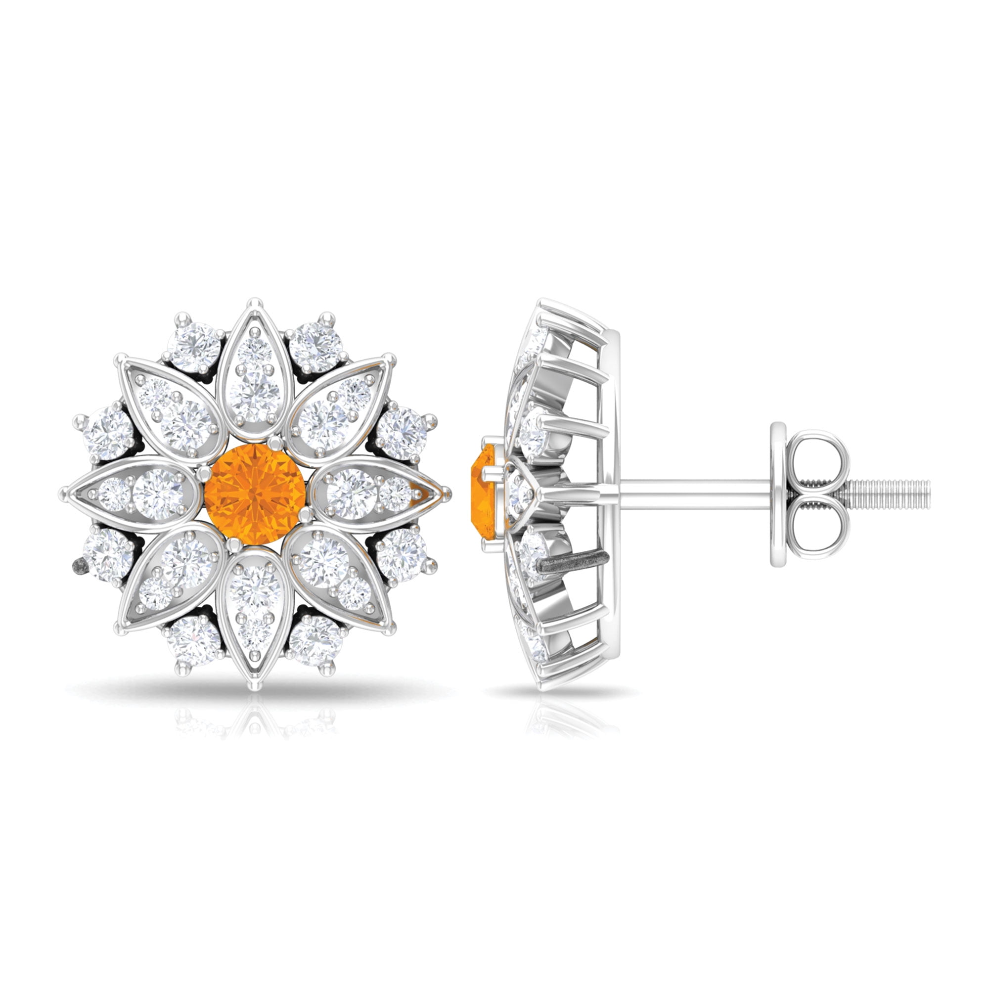 Orange Sapphire Floral Stud Earrings with Diamond for Women AAA
