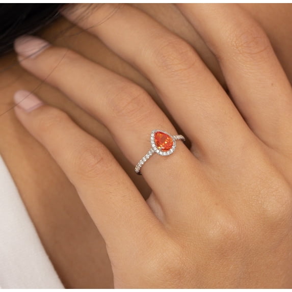 Orange Sapphire Ring, Halo Engagement Ring, 14k White Solid Gold Sapphire Ring, Teardrop Proposal Ring, Vintage Style Ring, Anniversary Gift for Her