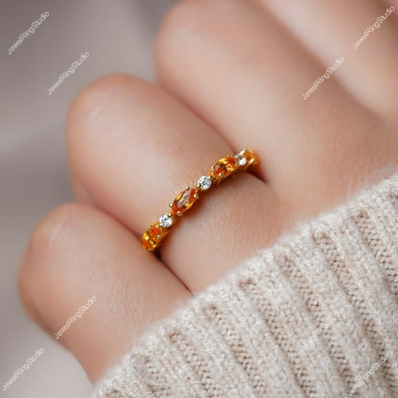 Orange Sapphire Ring Silver Gold Half Band Ring Engagement September Birthstone Ring Gift On Wedding