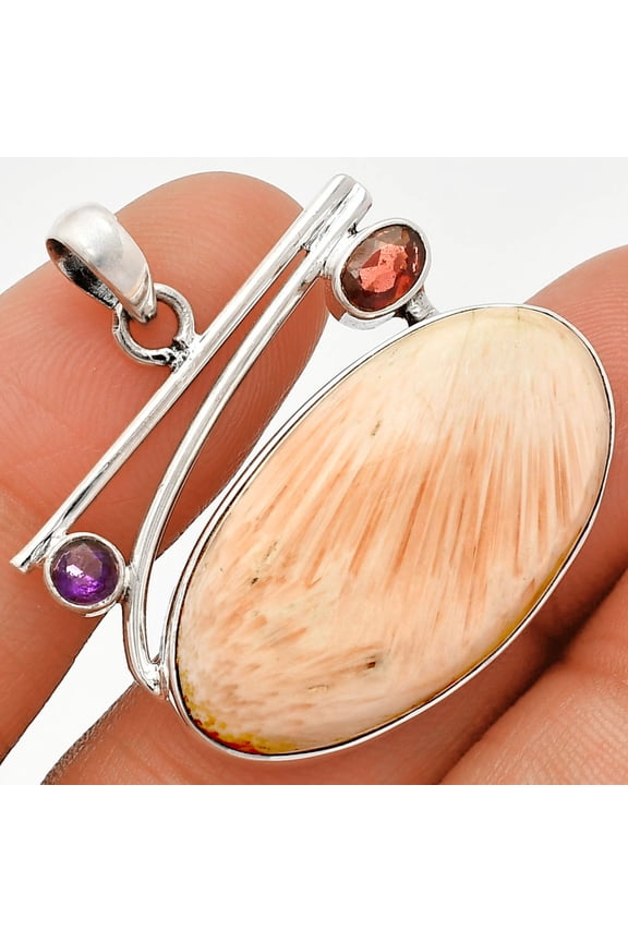 Orange Scolecite, Garnet & Amethyst 925 Sterling Silver Pendant Jewelry P-1286 SDP148380