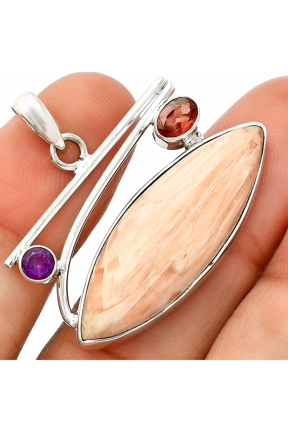 Orange Scolecite, Garnet & Amethyst 925 Sterling Silver Pendant Jewelry P-1286 SDP148429