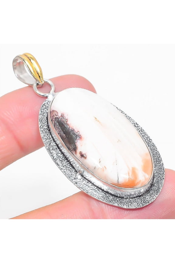 Natural Orange Scolecite Stone Two Tone 925 Sterling Silver Pendant 2.29"