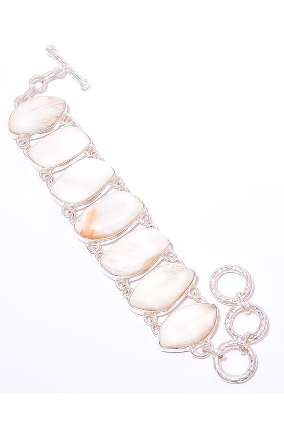 Orange Scolecite - India 925 Silver Plated Ethnic Bracelet 7-7.99" A360, Valentine's Day Gift, Birthday Gift, Beautiful Jewelry For Woman & Girls