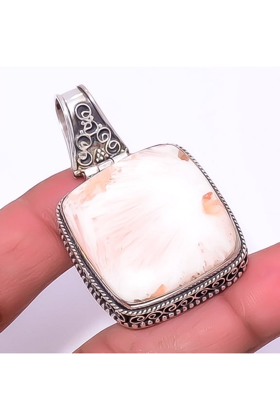 Orange Scolecite - India 925 Sterling Silver Fine Art Pendant 1.95" A366, Christmas Gift, Gemstone Silver Jewelry, Scolecite Pendant, New Year Sale