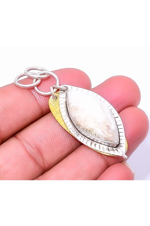 Orange Scolecite - India 925 Sterling Silver Two Tone Pendant 2.15" A361, Christmas Gift, Gemstone Silver Jewelry, Scolecite Pendant, New Year Sale