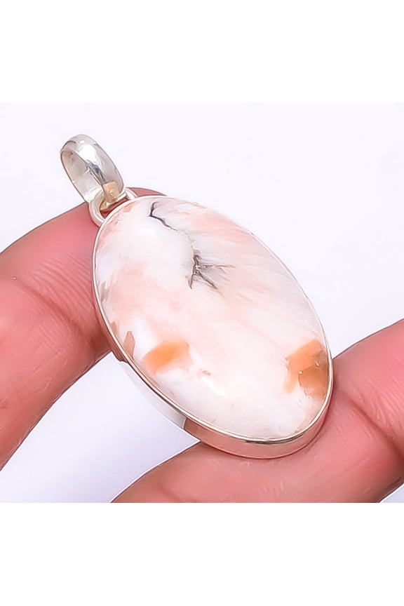 Orange Scolecite - India Gemstone 925 Silver Plated Jewelry Pendant 1.76" A38, Valentine's Day Gift, Birthday Gift, Beautiful Jewelry For Woman