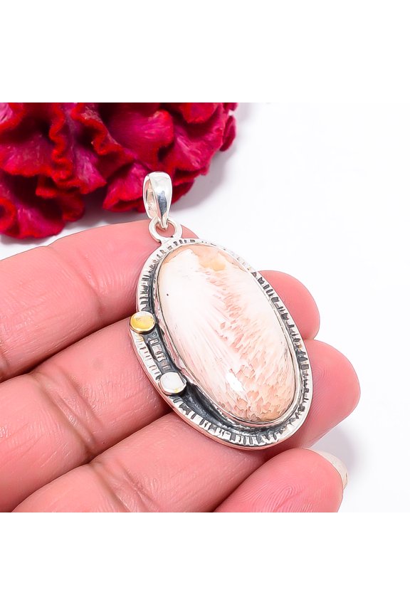 Orange Scolecite - India Gemstone 925 Sterling Silver Pendant 2.03" P101718, Christmas Gift