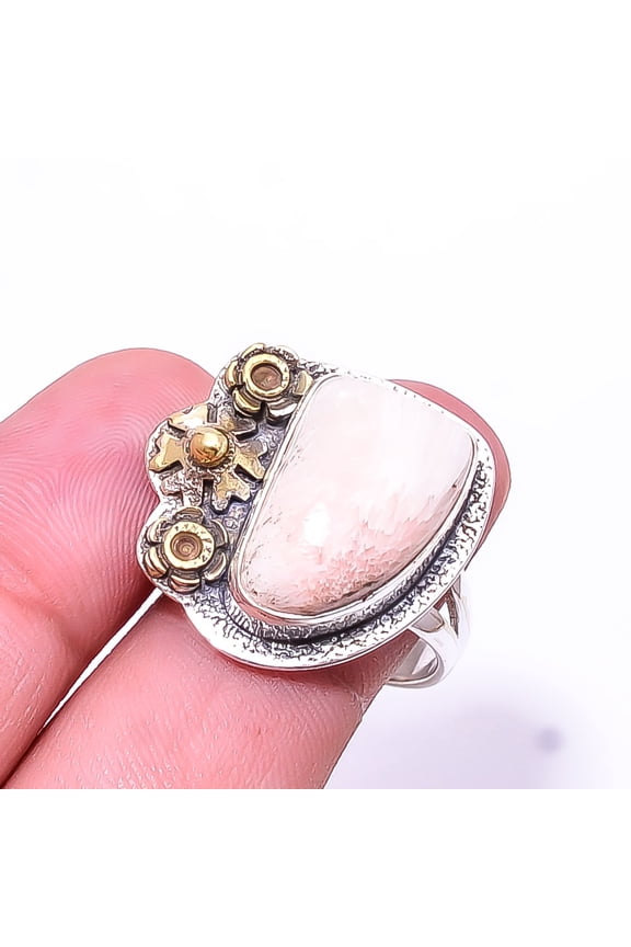 Orange Scolecite -India Two Tone Designer 925 Sterling Silver Ring s.8.5, Orange Scolecite Ring R_9195_382_9