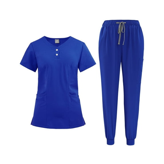 Orange Scrubs For Women Set Clearance Sales Solid Color V-Neck Short Sleeve Nurse Top Long Nurse Uniform Pants with Pocket Royal Blue XL