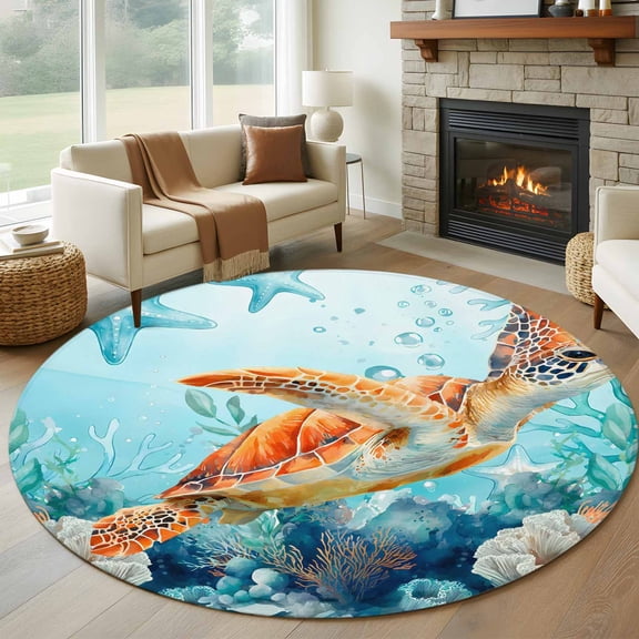 Orange Sea Turtle Round Living Room Rugs 6 ft, Teal Watercolor Starfish Coral Coastal Washable Area Rug with Non-Slip Sturdy Edge Binding Round Carpet for Kitchen Office Bedroom