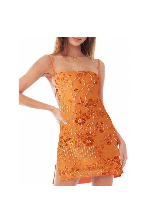 Orange Sequin & Beaded Floral Bodycon Mini Dress With Spaghetti Straps And Side Split