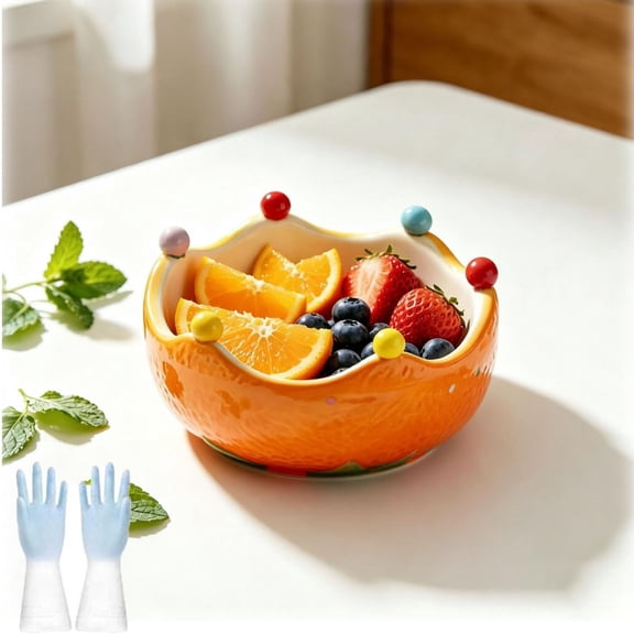 Orange-Shaped Fruit Bowl - Cute Ceramic Fruit Basket for Kitchen Counter, Decorative Fruit Containers with 6 Spoon for Kitchen Bedroom Living Room Office Counter