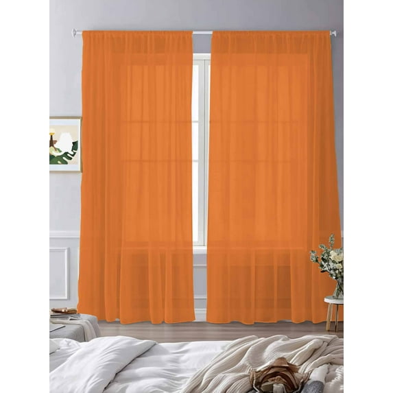 Orange Sheer Curtains 108 inches Long 2 Panels Set Solid Color Tiers Sheers Rod Pocket Small Window Short Curtains for Kitchen Cafe, Each 52" W x 108" L