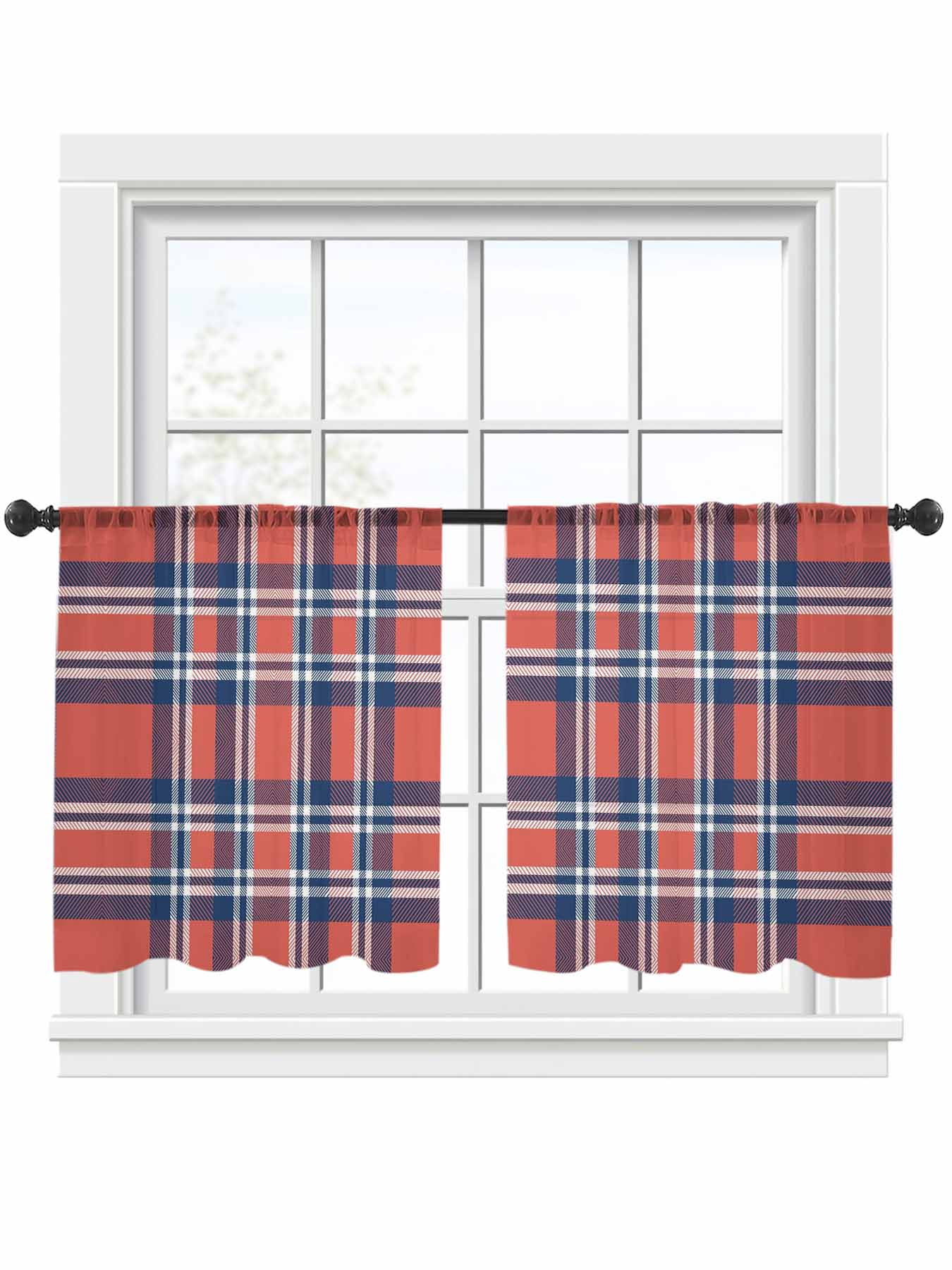 Orange And Sheer Curtains for Living Room Bedroom, Blue British Style Plaid Light Filtering Sheer Curtains, Rod Pocket Voile Window Drapes, 2 Panels Set 52"x 54"
