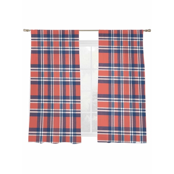 Orange And Sheer Curtains for Living Room Bedroom, Blue British Style Plaid Light Filtering Sheer Curtains, Rod Pocket Voile Window Drapes, 2 Panels Set 52"x 63"