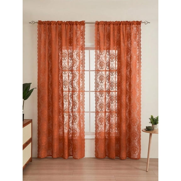 Orange Sheer Lace Curtain Panel For Window Decoration