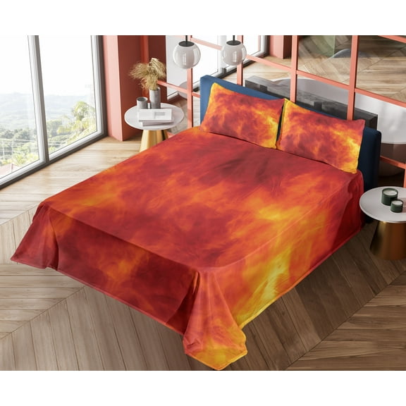 Ambesonne Orange Fitted & Top Sheet Set with Shams, Heat Design Illustration, Orange and Yellow