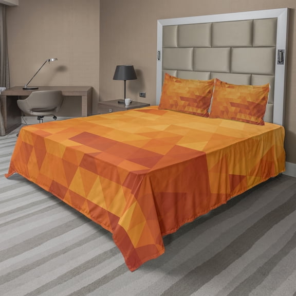 Ambesonne Burnt Orange Fitted & Top Sheet Set with Shams, Shapes and Patterns, Burnt Orange