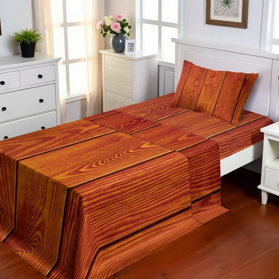 Ambesonne Rustic Fitted & Top Sheet Set with Sham, Wood Timber Floor Orange, Marigold Paprika Amber