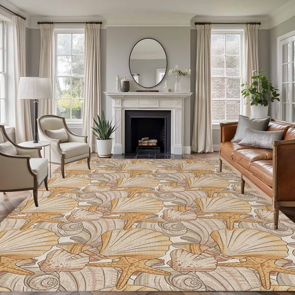 Orange Shell Coastal Area Rugs 5'x8', Washable Small Throw Rugs for Classroom Bedroom, Vintage Ocean Starfish Seaside Indoor Outdoor Rug Non-Slip Low Pile Carpet Runner Reversible Floor Mats