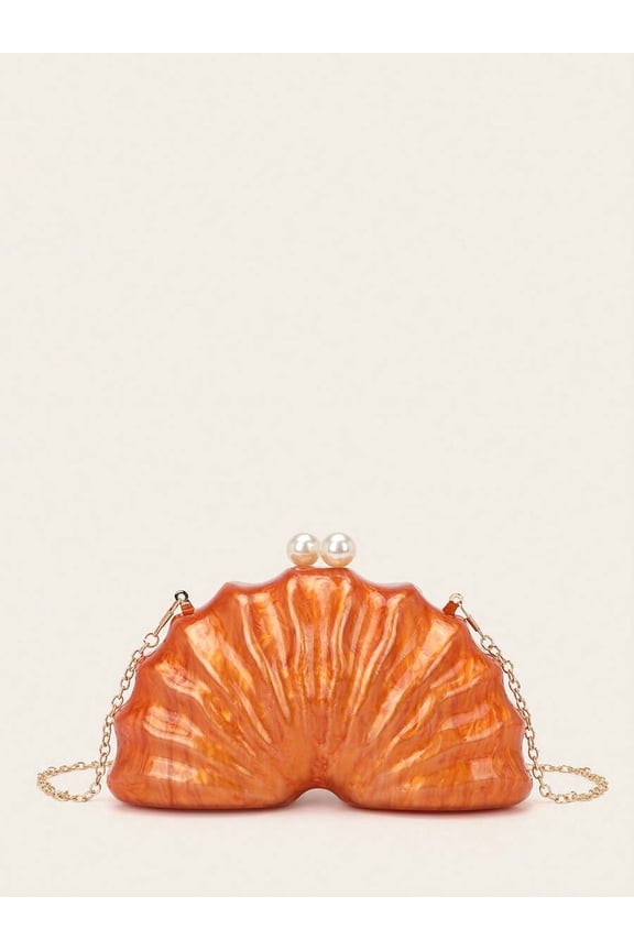 Orange Shell-Shape Acrylic Evening Clutch With Pearl Clasp And Chain Strap