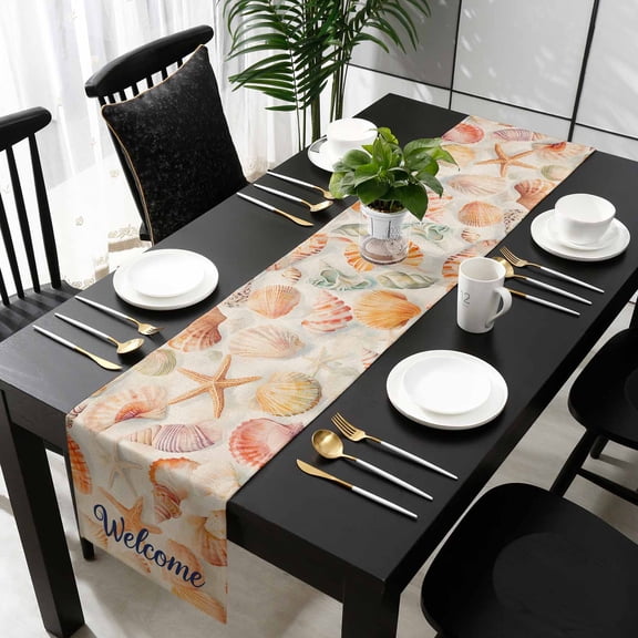 Orange Shells Coastal Cotton Linen Table Runner 13 x 72 inch Summer Beach Starfish Burlap Non-slip Rectangular Dining Table Decor for Wedding Party Holiday Dinner