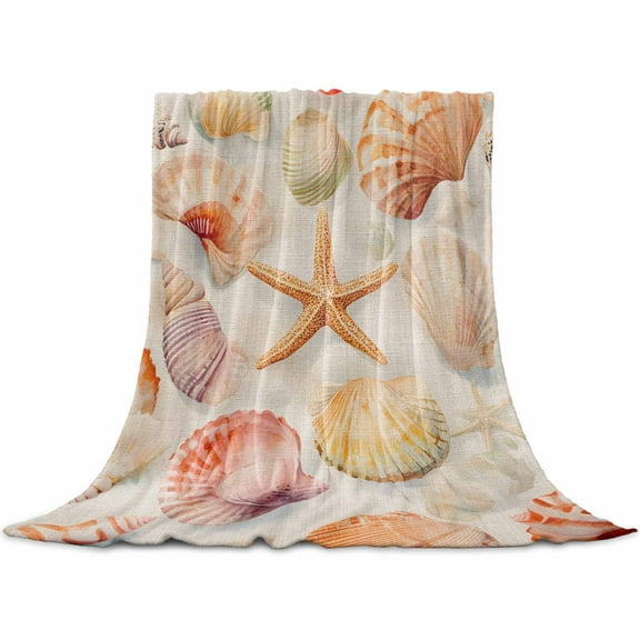 Orange Shells Coastal Flannel Blanket for Bed, Summer Beach Starfish Burlap Soft Cozy Warm Couch Throw Blanket, Lightweight Fluffy Plush Bedding Blankets for Sofa Decor All Season 40"x50"
