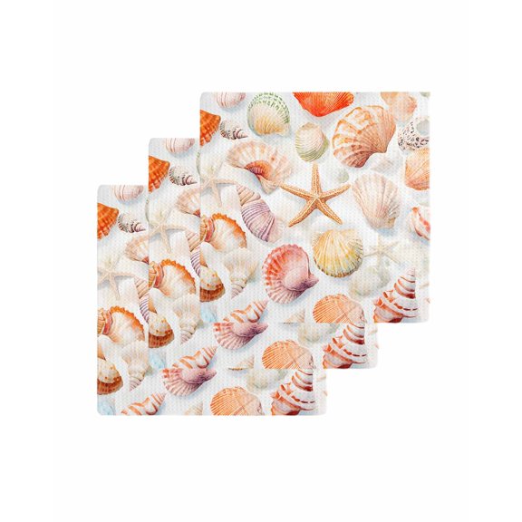 Orange Shells Coastal Kitchen Dish Towels for Drying Dishes Set of 3, Summer Beach Starfish Watercolor Waffle Weave Microfiber Terry Hand Tea Bathroom Towels Quick Dry & Absorbent Towel 12x12