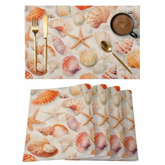 Orange Shells Coastal Placemats Set of 12 Summer Beach Starfish Burlap Place Mats Indoor Wipeable Table Mats Washable Cloth Dining Table Placemats for Kitchen Holiday Party Home Decor 13x19 Inch