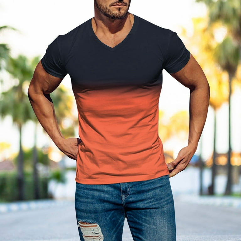 Orange Shirts Men Mens Spring Summer Casual Sports Comfortable Soft  Gradient Solid Color Slim Short Sleeve V Neck T Shirt 