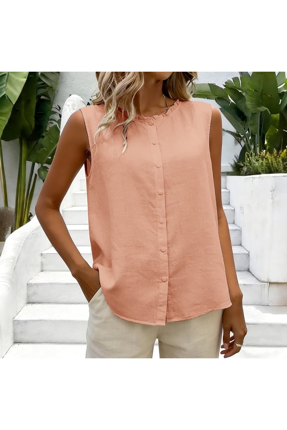 Orange Shirts for Women's Solid Color Cotton Linen Neck Sleeveless Top Back Button Reversible Casual Blouse