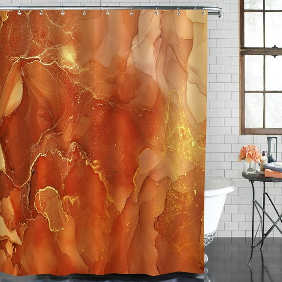 Orange Shower Curtain, Abstract Marble Fabric Shower Curtain for Bathroom, Modern Ombre Watercolor Ink Art Shower Curtain Set with Hooks, 72 x 72