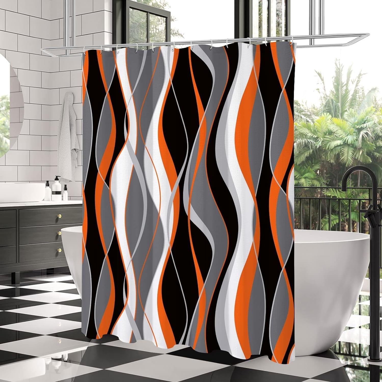 Orange Shower Curtain, Black and Grey Abstract Modern Bathroom Decor, Waffle Weave Textured Fabric Shower Curtain Set with Hooks, 72x72