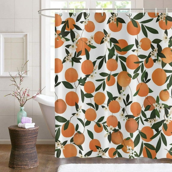 Orange Shower Curtain, Cartoon Allover Fruits Round Citrus with Flowers Printed Cute Bathroom Curtain for Kid''s Bathtub Decor Waterproof Fabric Machine Washable with 12 Hooks