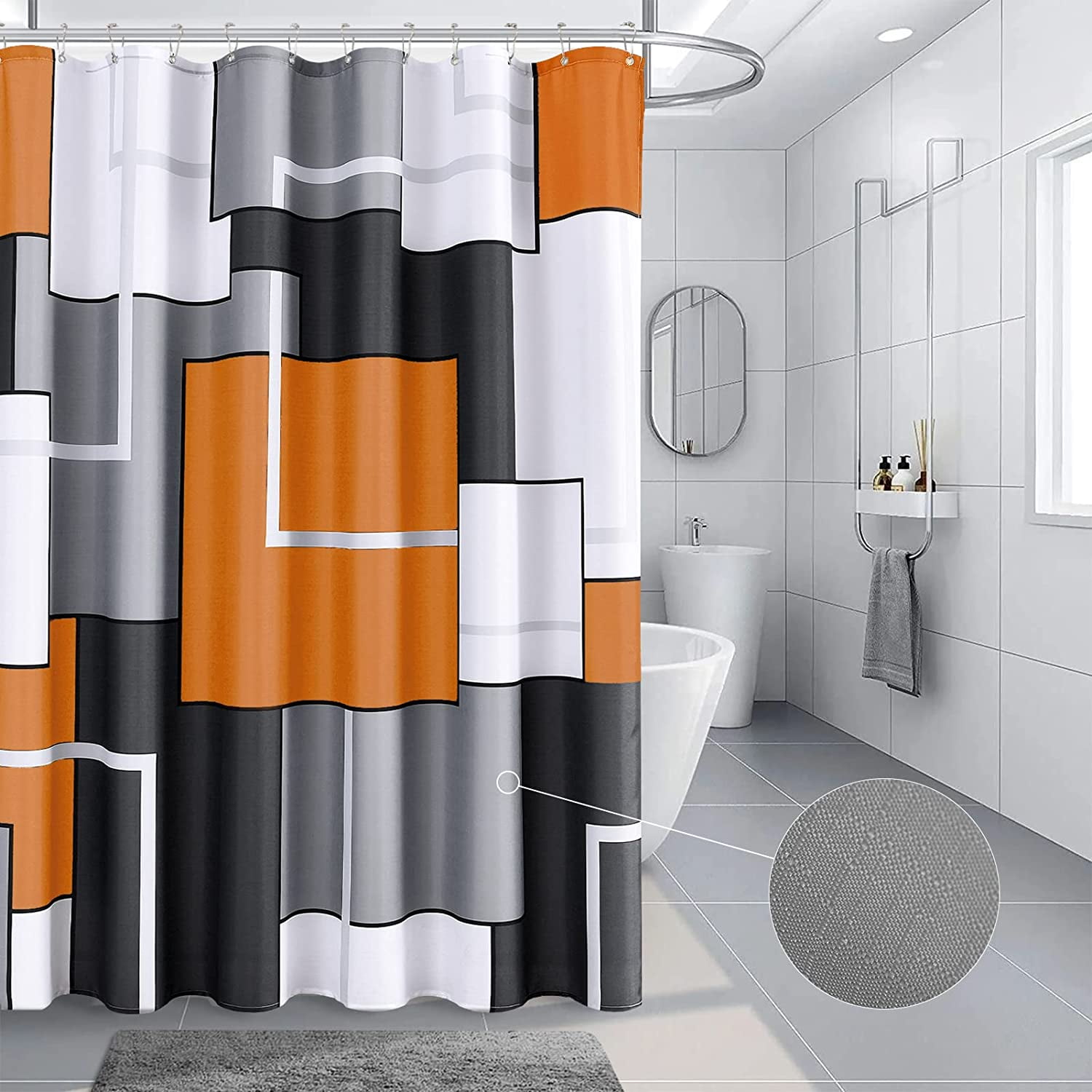 Orange Shower Curtain Set with Hooks Grey and White Shower Curtain for Bathroom Fabric Orange Autumn Shower Curtain Geometric Bath Curtains Decorative Gray Shower Curtain Water Repellent, 72x72