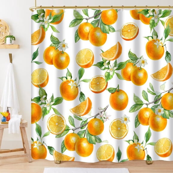 Orange Shower Curtain Summer Fruit Shower Curtain with 12 Hooks Cute Bright Green Leaves Fruit Bathroom Decor Waterproof Fabric Shower Curtain, 72×72 Inch