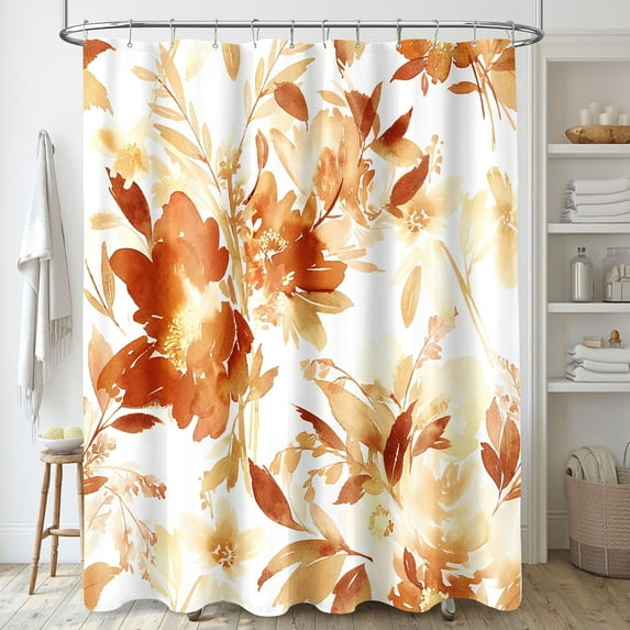 Orange Shower Curtain, Watercolor Floral Shower Curtain for Bathroom, Burnt Orange Fall Flower Decorative Fabric Shower Curtain Set with Hooks 72x72