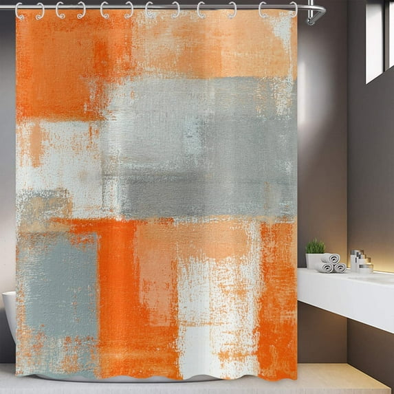 Orange Shower Curtain, Watercolor Orange Contemporary Brush Strokes Oil Painting Abstract Geometric Bathroom Curtain Bathtub Decor Waterproof Fabric with 12 Hooks