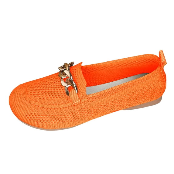 Women's Lightweight Knit Loafers Breathable Slip On Casual Walking Shoes Low Wedge Non Slip Tennis Shoes Orange Size 9