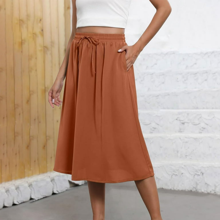 Orange Skirts for Women Boho Skirts for Women Trendy Summer Flowy Floral Midi Skirts with Pockets Lightweight Drawstring High Waisted Skirts Maxi